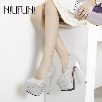 NIUFUNI Elegant Rotund Toe Doamnelor Platforma Femei Pompe Stras Femei Ultra 16cm Stilet Tocuri inalte Munca Rochie Pantofi de Nunta