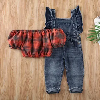 1-6Y Copil copil Copil Haine Fete Set Carouri Culturilor Topuri tricou + Pantaloni din Denim General Rompre Copii Fata Costume