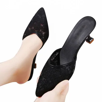 LIHUAMAO Catâri pantofi femei cu toc mic slide-uri slip on mocasini plasă de dantelă sexy subliniat toe stilet toc confortabil papuci de casă pantofi