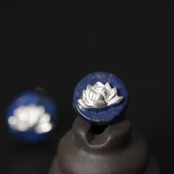 De Argint 925 decorat cu pietre de Lapis Lazuli Lotus Floare Stud Cercei Stil Etnic Doamnă Elegantă a Preveni Alergie Sterling-silver-bijuterii