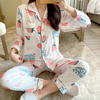 Pijama Seturi pentru Femei Cardigan cu Maneci Lungi Plus Size 2XL Ruched Tipărite Femei Kawaii Homewear Trendy Pijamale Elegante Vrac Noi
