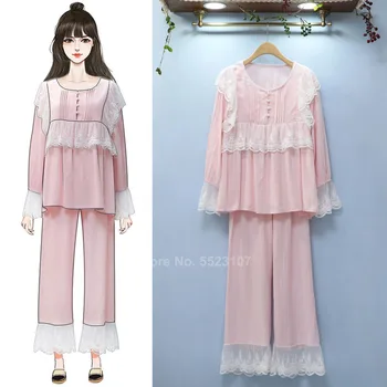 Stil Coreean Femeie Set De Pijama Drăguț Dantelă Lung Flare Sleeve Lounge Liber Confortabil Perla Subțire De Vară, Pijamale Pijamale