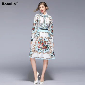 Banulin New Sosire 2019 Pistă de Moda Rochie de Primăvară Maneca Lunga Femei Subțire Elegant Florale de Imprimare Genunchi Lungime Rochii B5797