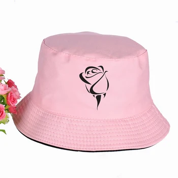 2019 nou red rose Print Pălărie Femei Barbati Panama Pălărie Găleată trandafir roșu LOGO Design Plat Parasolar Pescuit Pescar Pălărie