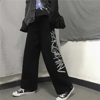 NiceMix înaltă talie pantaloni scrisoare buzunare drept liber de streetwear stil toamna pierde toată lungimea moda feminina de Îmbrăcăminte pentru Femei