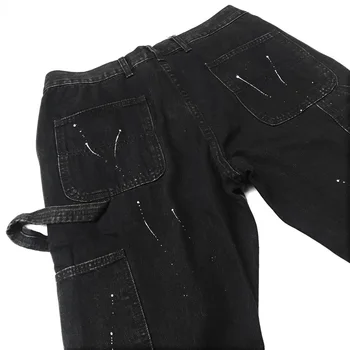 Oamenii Spălat Negru Slim Deconstruit Jeans Multicolor Splatters Vopsea Opt Buzunar Styling Streetwear