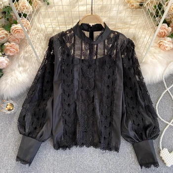 Vintage Negru/Roz/Alb Gol Afară Bluza Femei Elegante, O-Neck Lace Mozaic Topuri Femei Maneca Lunga Petrecere, Camasi Toamna Anului 2020