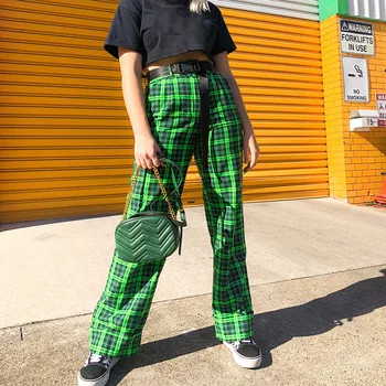 Moda Verde În Carouri Harajuku Pantaloni Femei Pantaloni Drepte Înaltă Talie Pantaloni Carouri Toamna Pantaloni Largi Jos