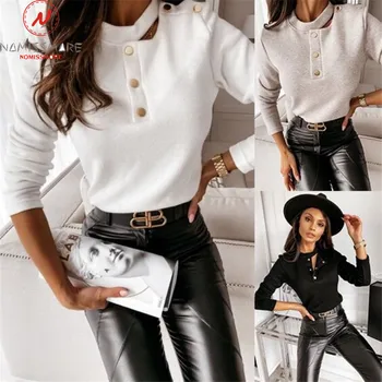 Moda Femei Solide de Culoare T-Shirt pentru Streetwear Butonul de Decor O-Gât Ștreangul Maneca Lunga Primavara Toamna Slim Pulovere Top