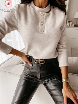 Moda Femei Solide de Culoare T-Shirt pentru Streetwear Butonul de Decor O-Gât Ștreangul Maneca Lunga Primavara Toamna Slim Pulovere Top