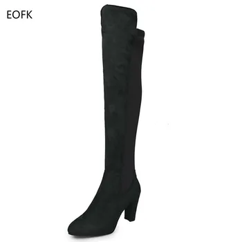 EOFK Femeile Peste Genunchi Cizme Noi de Pantofi pentru Femei de Moda de Iarna cu Toc de Alunecare Elastică Cald Scurt de Pluș Cizme Botas de Mari Dimensiuni