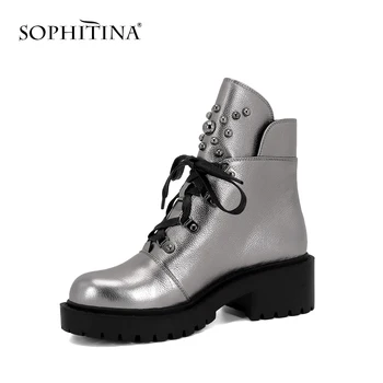 SOPHITINA Nou Glezna Cizme de Înaltă Calitate Piele de Vacă Dantela - up Pantofi pentru Femei de Moda Toc Pătrat Cald Scurt de Pluș Cizme de Iarna M42
