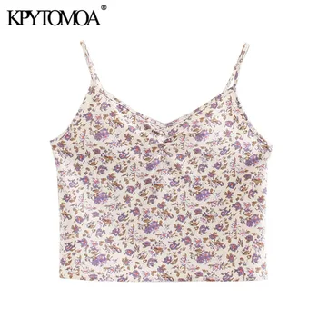 KPYTOMOA Femei 2020 Moda de Imprimare Florale Decupate Bluze Vintage Backless Elastic Bretele Subtiri Femei Tricouri Blusas Topuri Chic