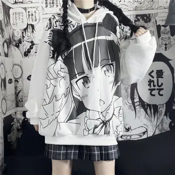 Deeptown Anime Hanorac Haine De Toamna Femei Tricou De Imprimare De Moda Topuri Cu Maneci Lungi Vrac Cald Catifea Femei, Plus Dimensiune Pulover