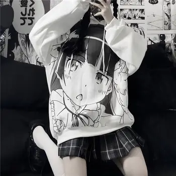 Deeptown Anime Hanorac Haine De Toamna Femei Tricou De Imprimare De Moda Topuri Cu Maneci Lungi Vrac Cald Catifea Femei, Plus Dimensiune Pulover