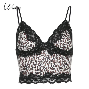 Weekeep Leopard Print Dulce, Sexy Top Femei Streetwear Y2K Petrecere de Club din Dantela Volan V Gât Bretele Vara Volane Haine