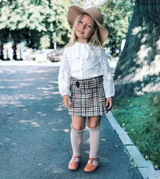 Copil fată set de doua bucati maneca lunga dantela cămașă carouri fusta costum de seturi de haine pentru copii pentru fete
