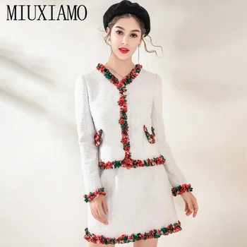 MIUXIMAO Mai buna Calitate 2019 Toamna Office Lady deux-pieces Elegant Complet Maneca de Sus + de Lux Stereo Floare Costume Fusta Vestidos