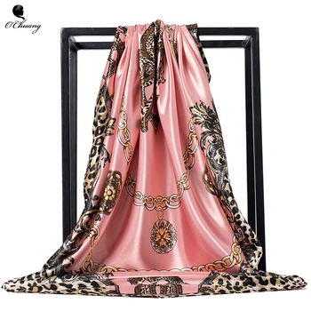 Moda Femei Esarfa Brand de Lux Leopard Hijab Matasos de Satin Șal Eșarfe Foulard Cap de Mătase Eșarfe, Fulare 90x90cm