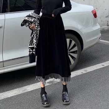 Fuste Femei Glezna-lungime Talie Mare Volane O-linie Elegant Plisata Solide Femei de Moda Casual, Streetwear-coreean Stiluri Retro