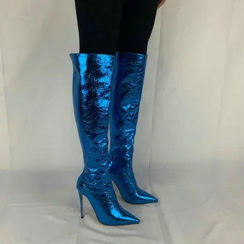 Sexy Oglindă Coapsei Piele Cizme Femei Tocuri Inalte Peste Genunchi Cizme Pentru Femei Point Toe Albastru Partid Fetiș Pantofi Lungi