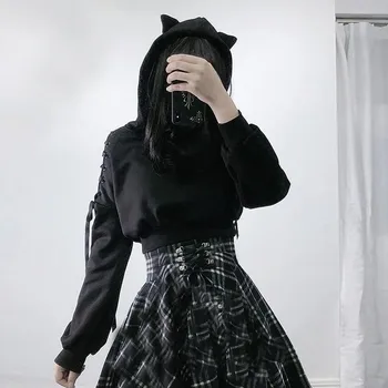Casual Negru Cu Gluga Pisică Ureche Hoodies Femei Felinar Maneca Lunga Topuri De Cultură Jachete Toamna Pulover Moda Goth Topuri Sudaderas