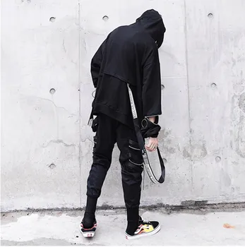 Unic Barbati Negru cu Capișon Jachete Supradimensionate Panglică de Moda Hanorace de sex Masculin Hip hop Streetwear Largi Techwear Pulover Topuri Om