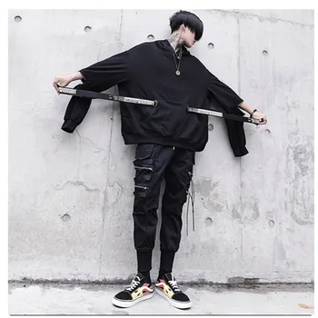 Unic Barbati Negru cu Capișon Jachete Supradimensionate Panglică de Moda Hanorace de sex Masculin Hip hop Streetwear Largi Techwear Pulover Topuri Om