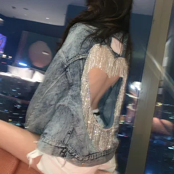 2020 sexy gol afară sequines ciucure blugi haina Femei ștrasuri din Mărgele Nit de Epocă Prietenul denim sacou strat de sex Feminin Maneca Lunga Haina