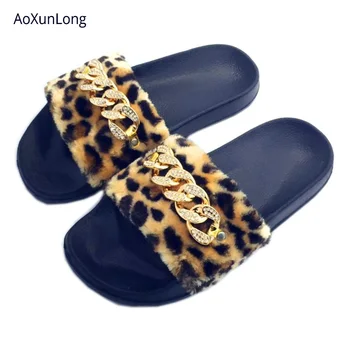AoXunLong Moda Noua Diamant Strălucitor Papuci Femei cu Blană Acasă Papuci Femei Leopard Roz UE 36-41 Dimensiune Doamnelor Papuci de Interior
