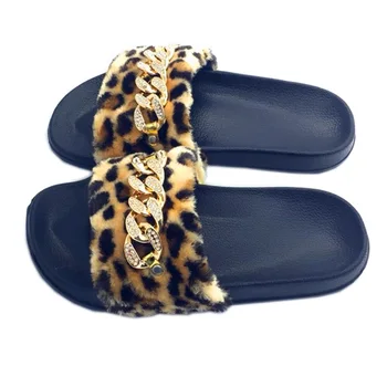 AoXunLong Moda Noua Diamant Strălucitor Papuci Femei cu Blană Acasă Papuci Femei Leopard Roz UE 36-41 Dimensiune Doamnelor Papuci de Interior