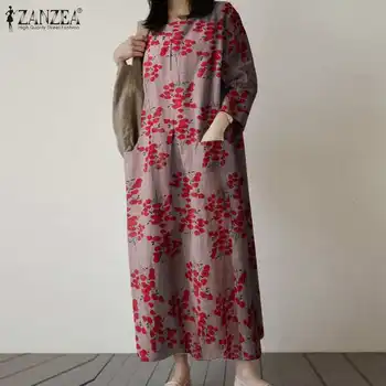 Femei Imprimate Sundress ZANZEA 2021 Elegante Toamna Maxi Rochie Casual cu Maneca 3/4 Vestidos de sex Feminin Halat Femme Plus Dimensiune S-5XL