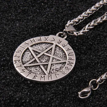 Argint 925 Nordici Rune pandantiv și Magie pentagrama cu piele colier sau chila lanț ca cadou