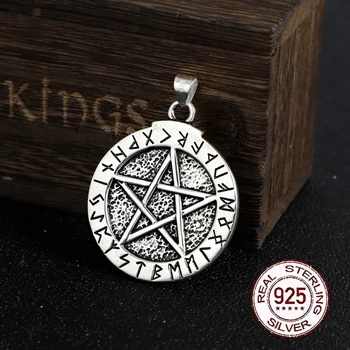 Argint 925 Nordici Rune pandantiv și Magie pentagrama cu piele colier sau chila lanț ca cadou