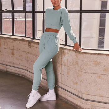 Moda 2020 2 buc Set Femei Toamna Solid Set Tricou Casual cu Maneci Lungi Fleece Topuri Pantaloni Lungi de Trening Costum de Haine Hoodie