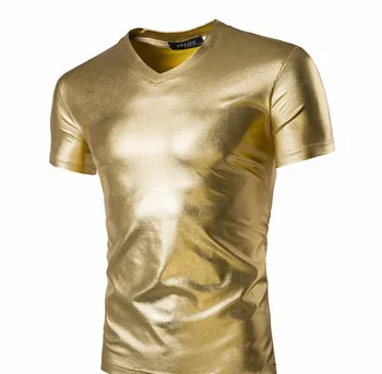 Stil de moda 2018 Vara Fierbinte Bling Bărbați Metalic Strălucitor Maneca Scurta Slim Fit T-Shirt Plus Dimensiune M-XXL
