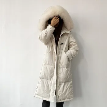 Iarna Mare Real Blana Jacheta Cu Gluga 90% Rață Jos Long Parka Coat Cald Snowwear Liber Gros Coreean Buzunar Puffer Jacheta Femei