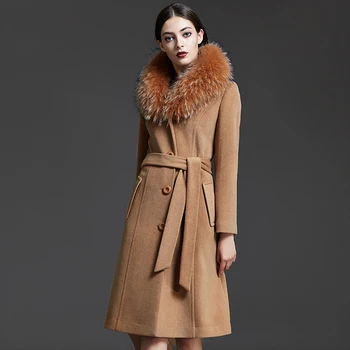 De iarnă pentru Femei de Moda a 80% din Amestecuri de Lână Haina Lunga Single-Breasted Sacou Cu Real Blană de Vulpe Guler de Paltoane Jachete 3XL