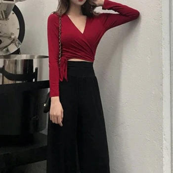Sexy Bandaj V Gât T Cămașă Femei Cu Maneci Lungi Din Dantela-Up Solid Skinny Crop Topuri Clubwear Doamnelor De Bază Teuri Top De Vară 2021