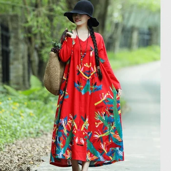 Primăvara și vara naționale stil rochie lunga pentru femei de toamna Epocă Arta de Imprimare vrac lenjerie de mare Maneca Lunga rochie dintr-o bucata