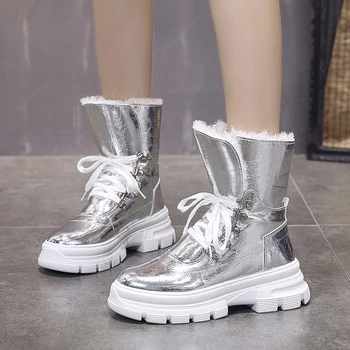 Rimocy Argintiu Negru Dantelă Sus Cizme De Zapada Pentru Femei Impermeabil Îngroșa Pluș Pantofi Cald Iarna Femeie Din Bumbac Căptușit Platforma Botas Mujer