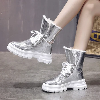 Rimocy Argintiu Negru Dantelă Sus Cizme De Zapada Pentru Femei Impermeabil Îngroșa Pluș Pantofi Cald Iarna Femeie Din Bumbac Căptușit Platforma Botas Mujer