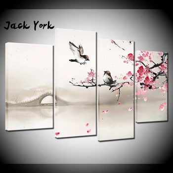 Panza Pictura floare de Prun Chinezesc stil clasic 4 Bucăți de Perete de Arta Pictura Modular imagini de Fundal Poster Print Decor Acasă