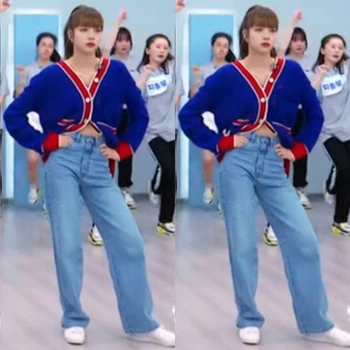Kpop-coreean Celebritate primăvara albastră V-neck knit cardigan pulover haina+liber casual, blugi Drepte pantaloni femei din Două piese set