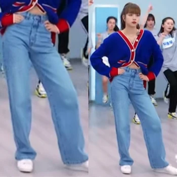 Kpop-coreean Celebritate primăvara albastră V-neck knit cardigan pulover haina+liber casual, blugi Drepte pantaloni femei din Două piese set