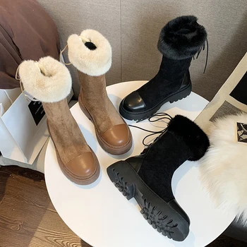 ADBOOV la Jumătatea Vițel Cizme de Zapada pentru Femei Spate Dantela-Up Cizme de Iarna pentru Femei Bottines Pour Les Femmes Căptușeală de Blană Plat Pantofi de Iarna