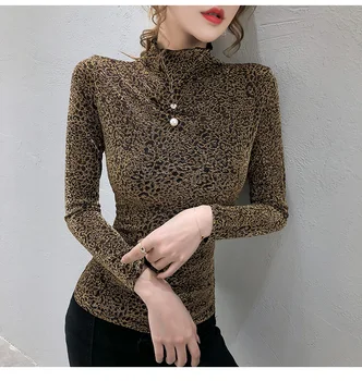 Nouă Primăvară Par Stralucitor coreean Haine Sexy Leopard ștrasuri din Mărgele T-shirt Femei Strălucitoare de Aur Topuri Ropa Mujer Bottom Cămașă Tee T02315