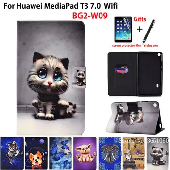 Pisica drăguț Caz pentru Huawei MediaPad T3 7.0 BG2-W09 Acoperi Funda Silicon Piele PU Stand Piele Shell pentru Onoarea de a Juca Pad 2 7.0 +Cadou