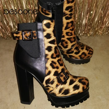 BESCONE Manual Doamnelor Cizme Glezna Leopard de Imprimare Rotund Toe Fermoar Toc Pătrat Pantofi Noi de Moda, Super-Femeile cu Toc Cizme H4