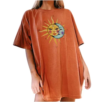 Moda Topuri Femei Sexy Plus Dimensiunea Vrac Epocă Soare Și Lună Imprimate Model Casual de Vara cu Maneci Scurte tricou supradimensionat